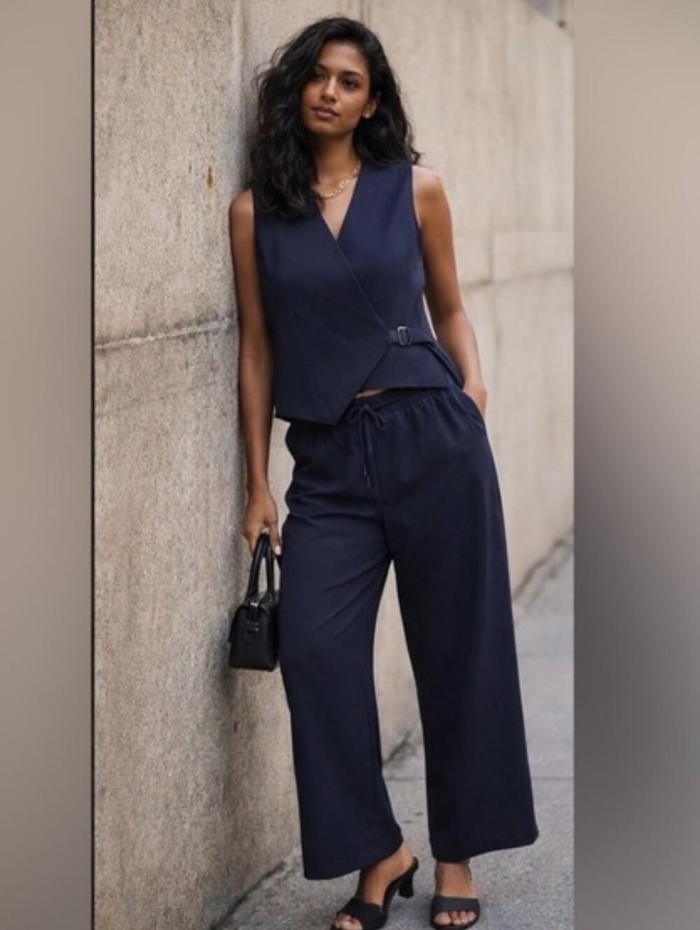Christian Lacroix Navy Blue Wide Leg Tie Waist Pants